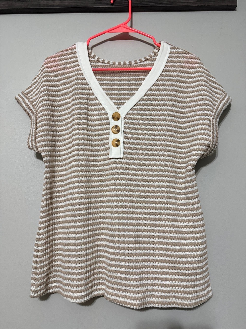 Striped Beige & White Knit V-Neck Top with Button Placket